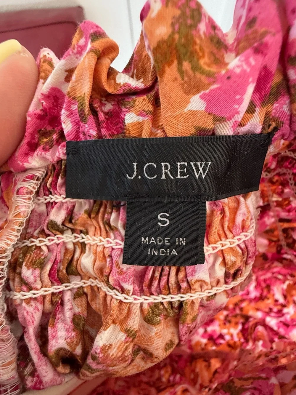 J. Crew Pink and Orange Floral Smocked Neck Blouse